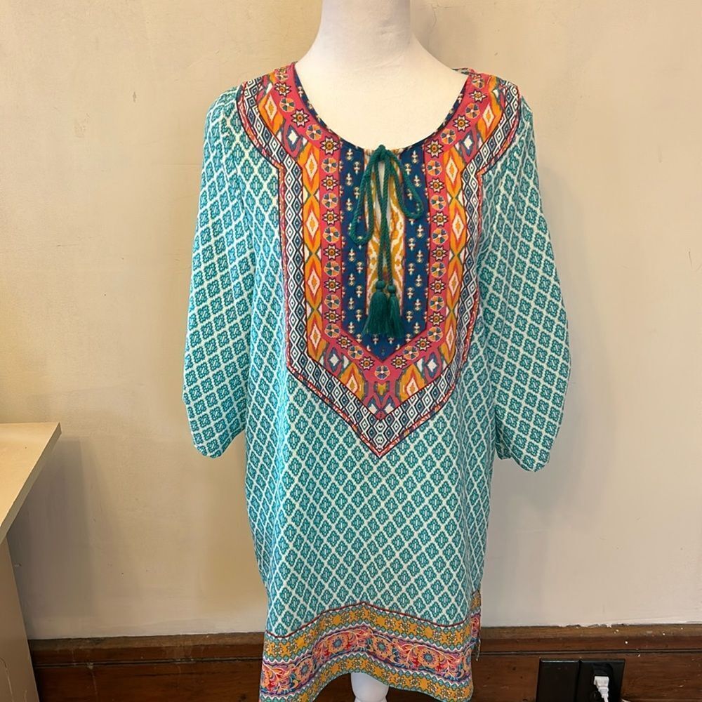 Urban Coco turquoise white Bohemian style shirt dress/ cover up Size M NWOT